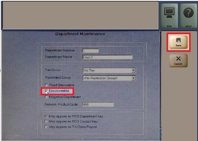 Discountable option under Department Maintenance. Save button.